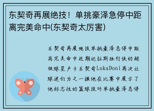 东契奇再展绝技！单挑豪泽急停中距离完美命中(东契奇太厉害)