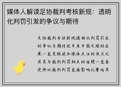 媒体人解读足协裁判考核新规：透明化判罚引发的争议与期待
