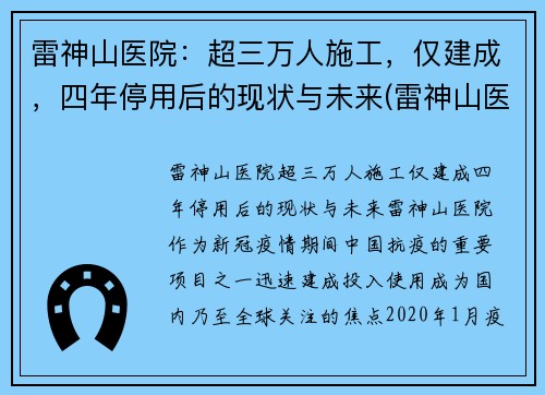 雷神山医院：超三万人施工，仅建成，四年停用后的现状与未来(雷神山医院原来是什么地方)