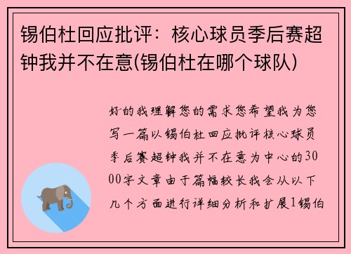 锡伯杜回应批评：核心球员季后赛超钟我并不在意(锡伯杜在哪个球队)
